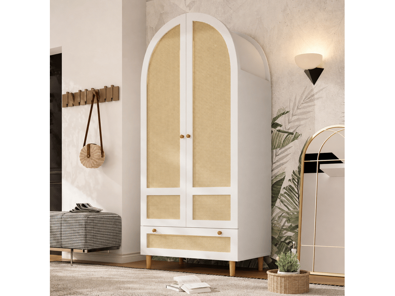  Armoire de rangement modenvie 80 x 50 x 180 cm blanche en mdf aspect rotin avec penderie et tiroir  - Conforama E
