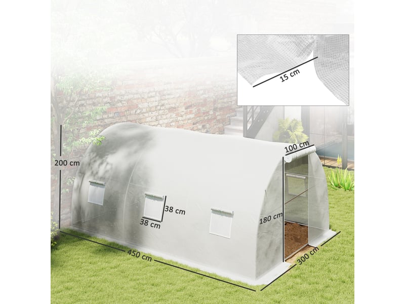  Serre de jardin tunnel 13,5 m² 6 fenêtres, porte zippée enroulable châssis acier galvanisé, bâche pe 4,5 x 3 x 2 m blanc  - Conforama E