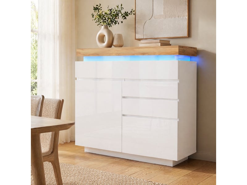  Buffet haut blanc brillant avec 2 portes, 3 tiroirs et éclairage led, 110 x 39 x 115 cm  - Conforama C
