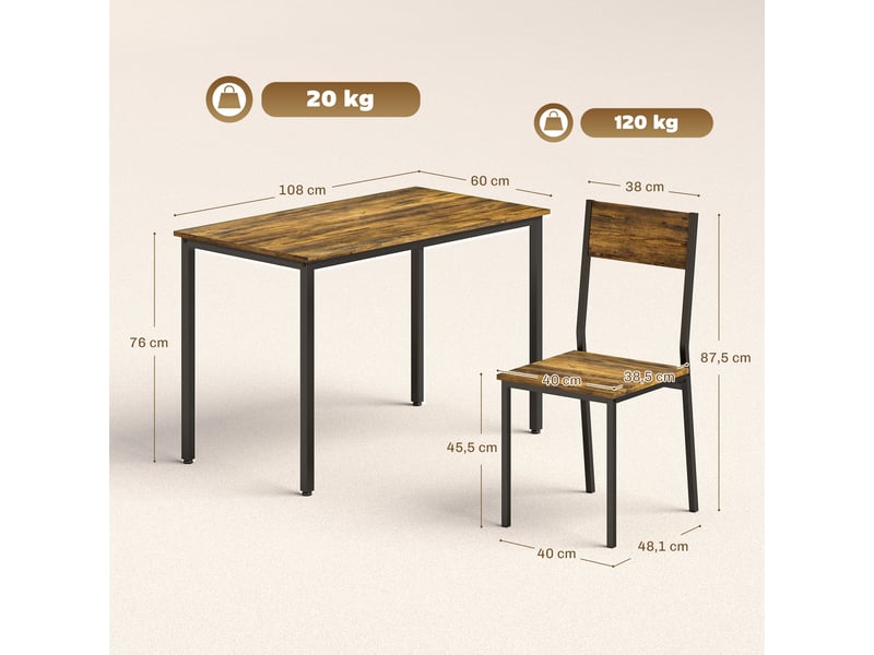 Ensemble table salle à manger avec 4 chaises, table de cuisine avec chaises 4 personnes, pieds en métal, brun rustique  - Conforama E