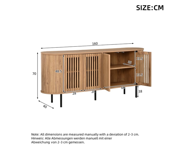 Buffet 160x40x70 cm en mdf avec 4 portes coulissantes et étagères réglables couleur bois naturel chicfurn - Conforama D