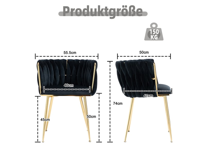  Chaise de salle à manger lot de 2 avec dossier tressé rembourré et pieds métalliques dorés en velours noir  - Conforama D