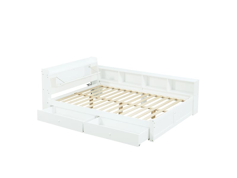  Lit double, lit à panneaux, tête de lit avec compartiment de rangement et 2 lampes, prise de recharge, placards et tiroirs latéraux, pin, panneaux de particules et mdf, blanc, 140 x 200 cm  - Conforama E