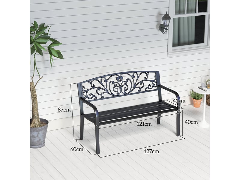  Banc de jardin 2 places en métal avec dossier et accoudoirs, noir, résistant aux intempéries  - Conforama C