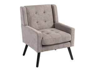 Fauteuil gris clair en daim capitonné, style milieu du siècle, mousse haute densité, pieds bois massif, salonchambrebureau