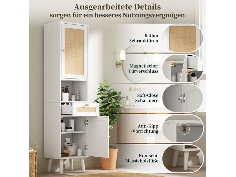  Armoire de salle de bain avec 2 portes réversibles, tiroir et niche, fermeture douce, blanche 40 × 30 × 166 cm  - Conforama E