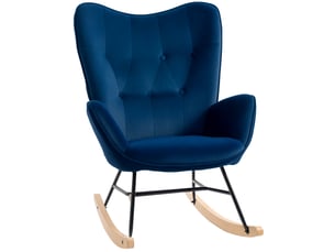 Fauteuil à bascule, rocking chair, fauteuil allaitement confortable avec structure en bois massif et métal pour salon, chambre, balcon, velours bleu