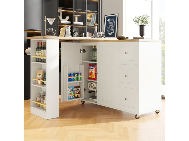  Desserte de cuisine pivotante avec 2 portes, 3 tiroirs et porte-snacks sur roulettes en mdf blanc pour séjour  - Conforama B