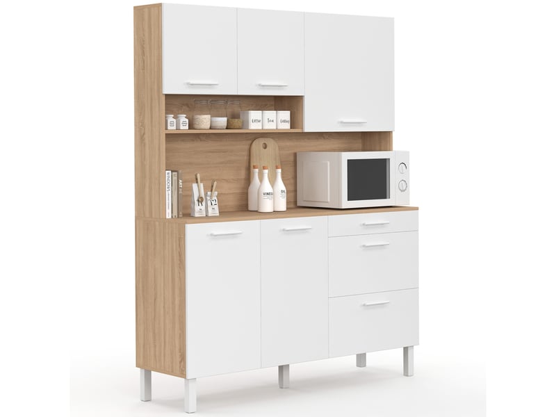  Buffet casserolier de cuisine 140 cm cina 5 portes + 3 tiroirs façon hêtre et blanc  - Conforama A