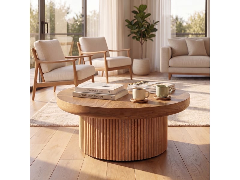  Table basse ronde – plateau parquet et piètement cannelé – bois naturel – ø 78 x h 38,5 cm  - Conforama C