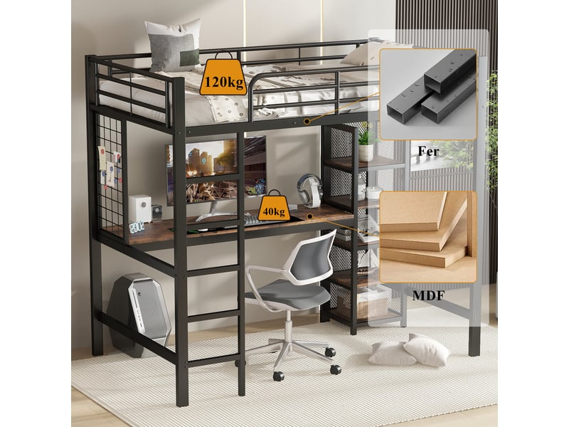  Lit mezzanine 90×200 cm noir et bois foncé, fer et mdf, bureau, étagères à 5 niveaux, grille métallique et échelle  - Conforama E