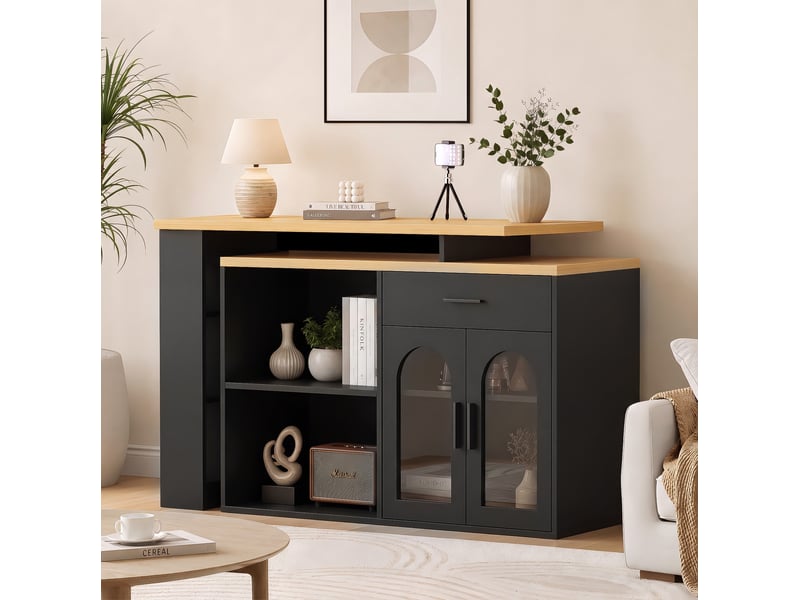 Îlot de cuisine 136x50x78 cm pivotant avec rangement, noir et naturel - Conforama D