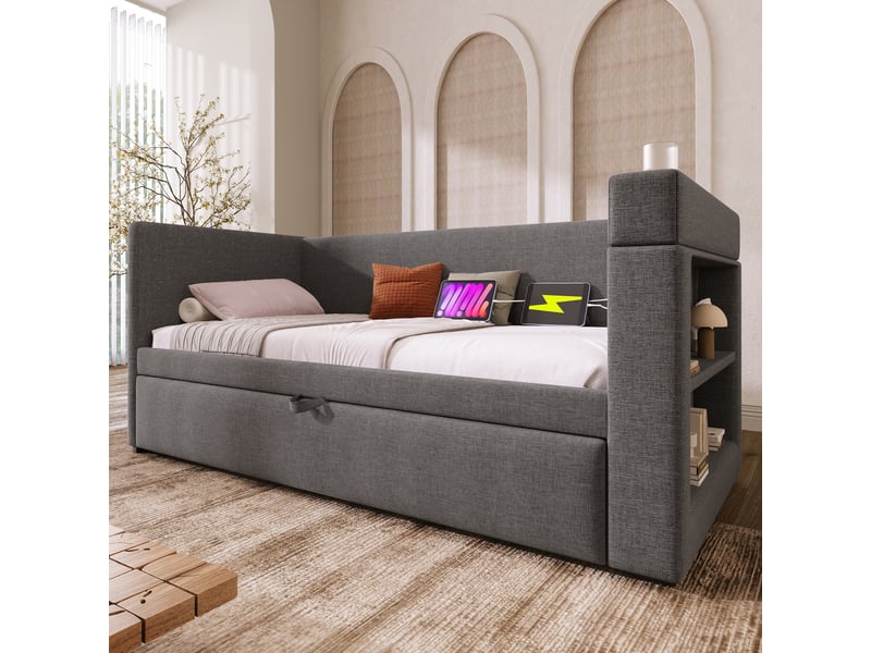Lit gigogne enfant 90x190 cm, canapé-lit avec usb type-c, porte-gobelet, sommiers, coton lin gris, sans matelas - Conforama B