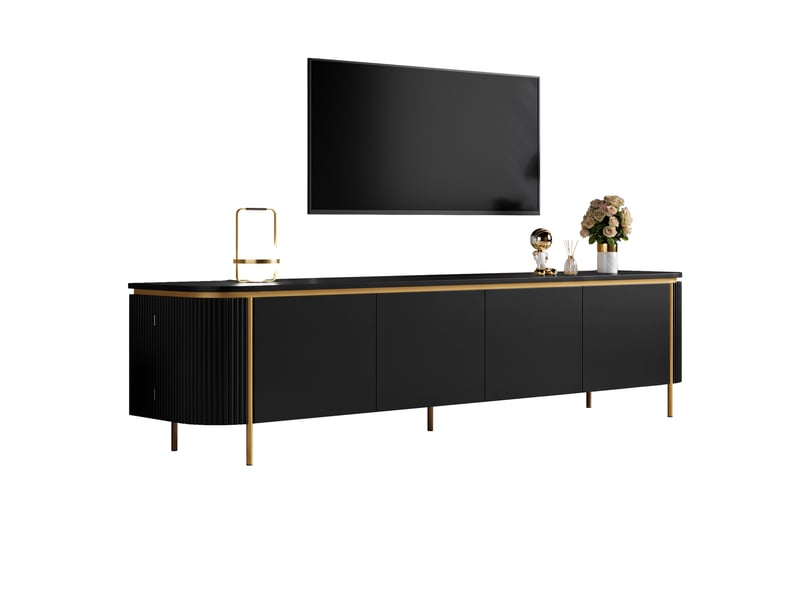  Meuble tv  180x38x46 cm - 6 portes sans poignée, passe-câbles intégré, pieds métalliques, mdf-noir ABC - Conforama A