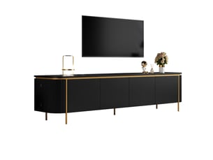 Meuble tv  180x38x46 cm - 6 portes sans poignée, passe-câbles intégré, pieds métalliques, mdf-noir