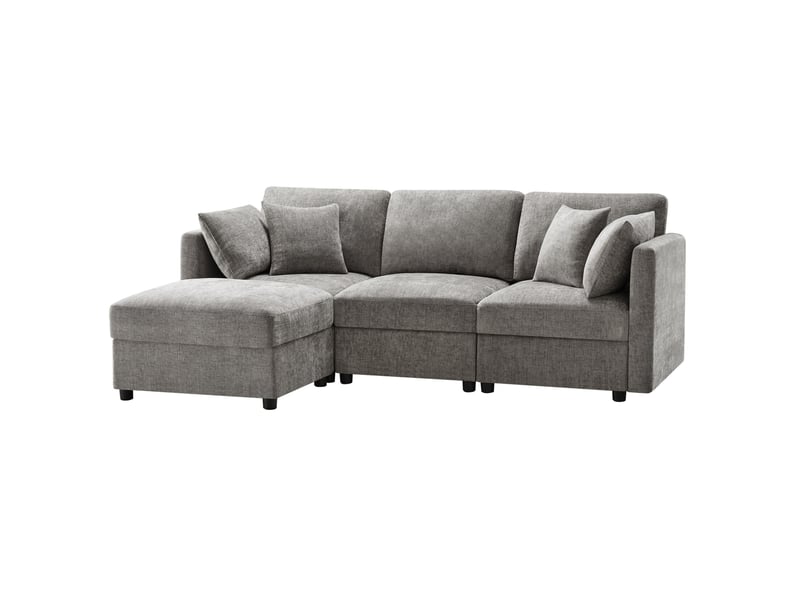 Canapé d'angle en l convertible en 3 places avec repose-pieds, 4 coussins et accoudoirs réglables, en tissu chenille confortable, pour salon, bureau et appartement, gris. Avec vidéo. - Conforama A