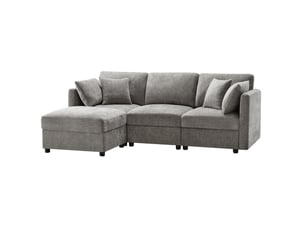 Canapé d'angle en l convertible en 3 places avec repose-pieds, 4 coussins et accoudoirs réglables, en tissu chenille confortable, pour salon, bureau et appartement, gris. Avec vidéo.