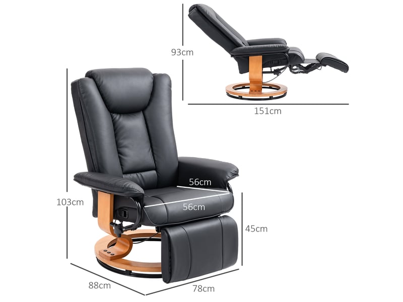  Fauteuil relax pivotant en simili cuir noir avec fonction allongée et repose pieds, charge jusqu'à 150 kg  - Conforama C