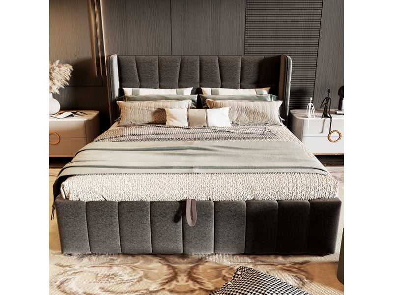 Lit coffre 180x200 cm - lit double 180x200 - cadre de lit encastrable avec tête de lit à oreilles et sommier relevable - lin - anthracite  - Conforama D