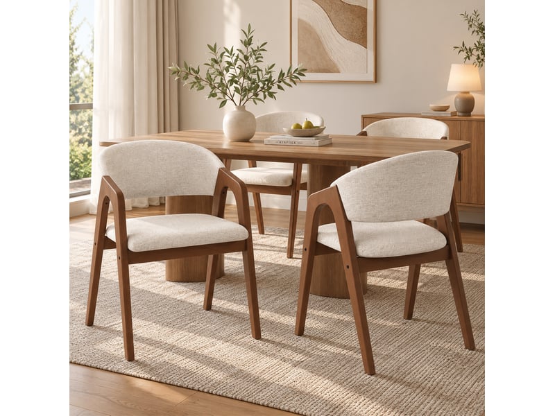  Chaise de salle à manger par lot de 4 avec accoudoirs et assise rembourrée en lin et bois noyer et beige avoine  - Conforama E