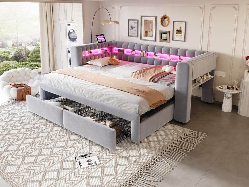  Lit gigogne,90x190cm180x190 cm,coffre,avec led,velours,gris,sans matelas  - Conforama B