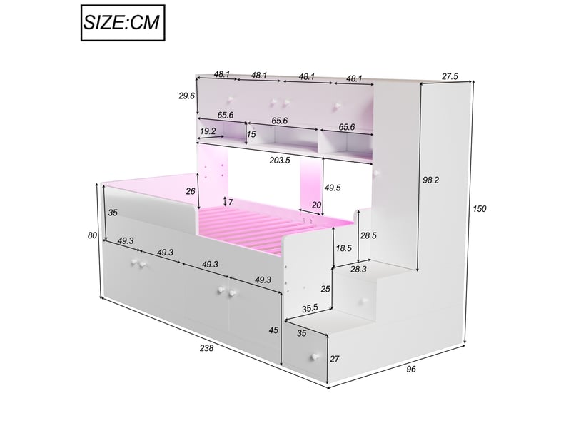  Lit avec rangement enfant 90x200 cm blanc avec rangements et éclairage led  - Conforama C