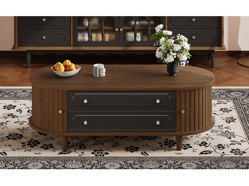  Table basse de salon couleur noyer avec 2 tiroirs et portes à rideau, 100x50x36 cm, panneau de particules, noir et noyer  - Conforama B