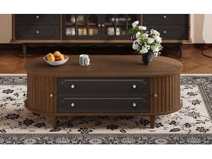 Table basse de salon couleur noyer avec 2 tiroirs et portes à rideau, 100x50x36 cm, panneau de particules, noir et noyer