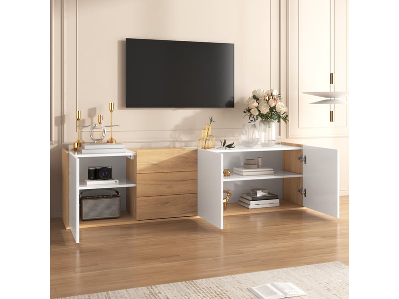  Meuble tv bas blanc et bois, avec panneau mural ou pose au sol, design moderne  - Conforama D