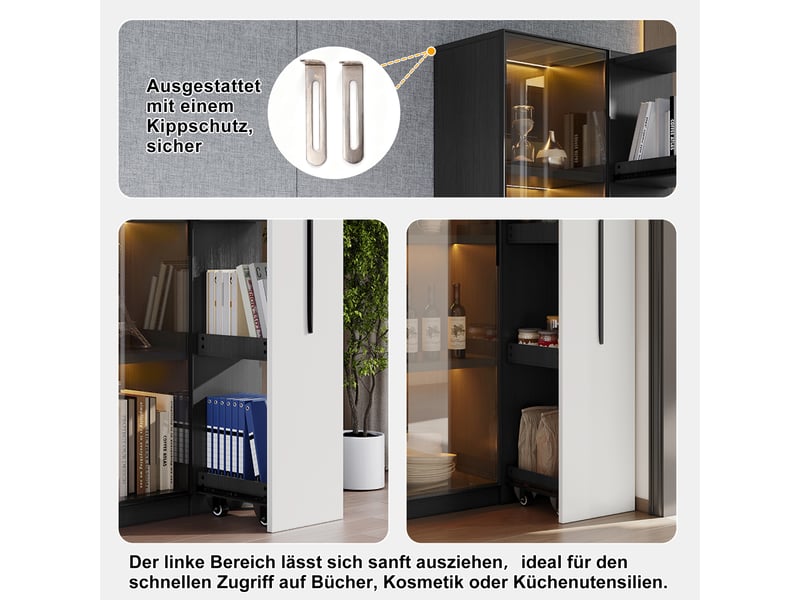  Vitrine led 70 × 40 × 160 cm, buffet avec 1 porte en verre trempé, 1 tiroir latéral, étagères modulables, mdf, noir et blanc, format haut et compact CARDUME ESTIVAL - Conforama E