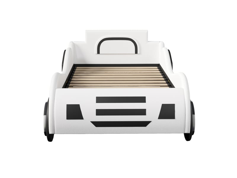  Lit enfant style voiture 90 × 200 cm 1 place avec coffre hydraulique, sans matelas, en mdf et pu, blanc  - Conforama E