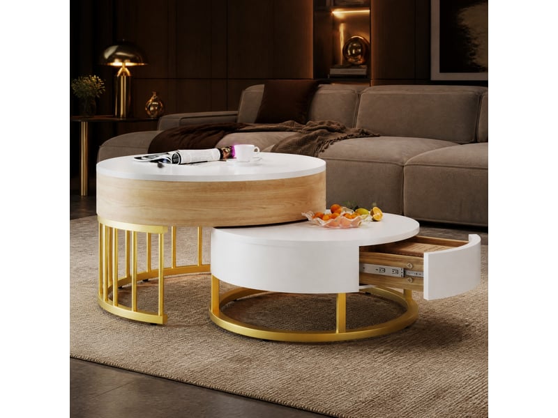  Tables basses gigognes rondes 70x70x56+60x60x27 cm, plateau relevable, mdf blanc  - Conforama B