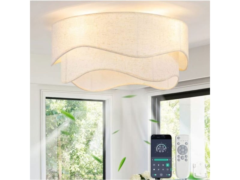  Ventilateur plafond 19 pouces, 4 douilles e26, commande app et télécommande, 6 vitesses réversibles, tissu, gold et blanc  - Conforama B