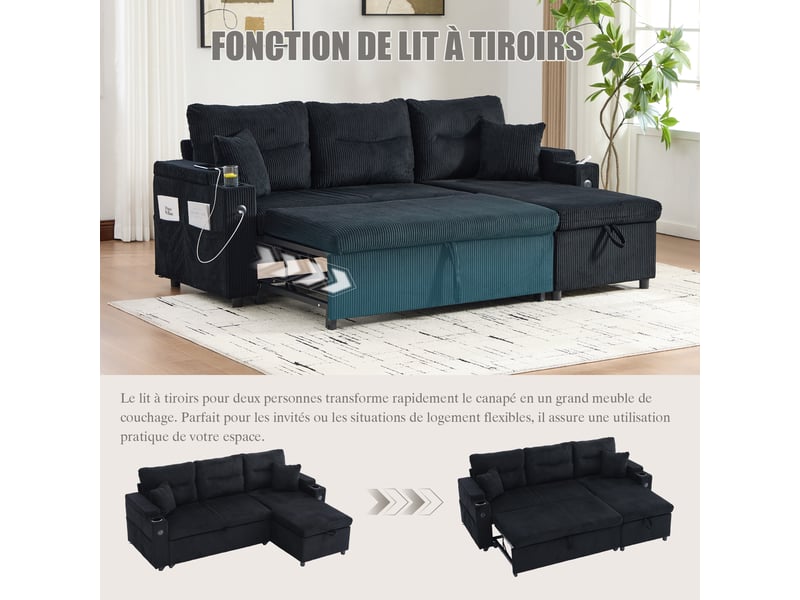  Canapé d’angle convertible 3 places noir en velours côtelé 212,5x136x86 cm avec coffre, usb-c et porte-gobelets W2845S00509 - Conforama W
