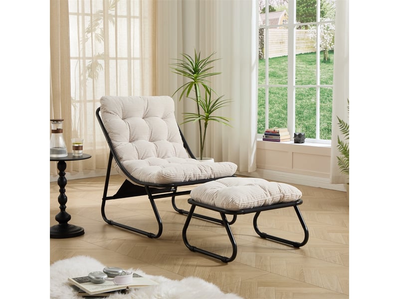  Fauteuil de jardin avec repose-pied - 65x78x86cm - chaise lounge relax avec coussin moelleux - acier &amp; velours côtelé - blanc  - Conforama B