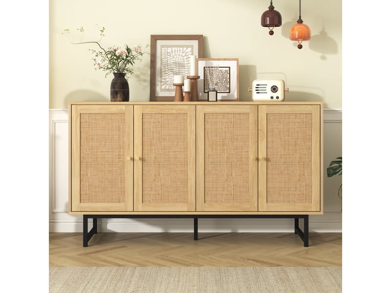  Buffet 4 portes en cannage de rotin 140x39,5x80 cm effet bois  - Conforama C