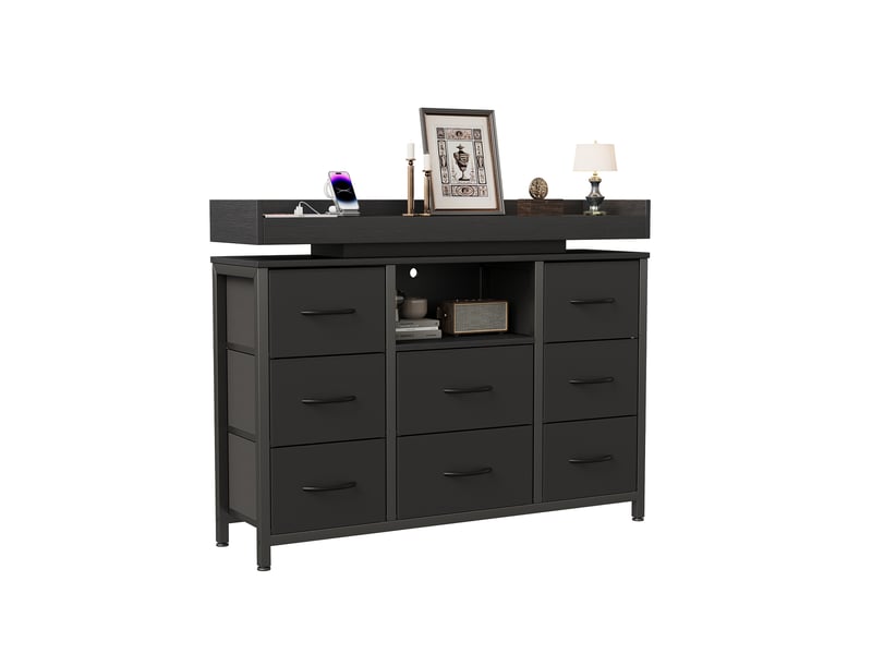  Commode 8 tiroirs avec led et prises - 108 x 30 x 82 cm-noir - meuble de rangement avec station de charge et étagère ouverte  - Conforama A