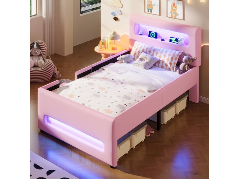  Lit enfant rembourré 90 x 200 cm rose, rangements, éclairage led et port usb  - Conforama D