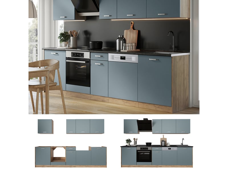  Vicco cuisine, bleu-grischêne doré, 280cm plan de travail anthracite  - Conforama D