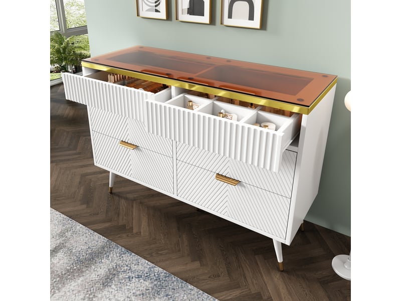  Commode blanche 120 cm, 6 tiroirs et plateau en verre ambré Fay Lum - Conforama D
