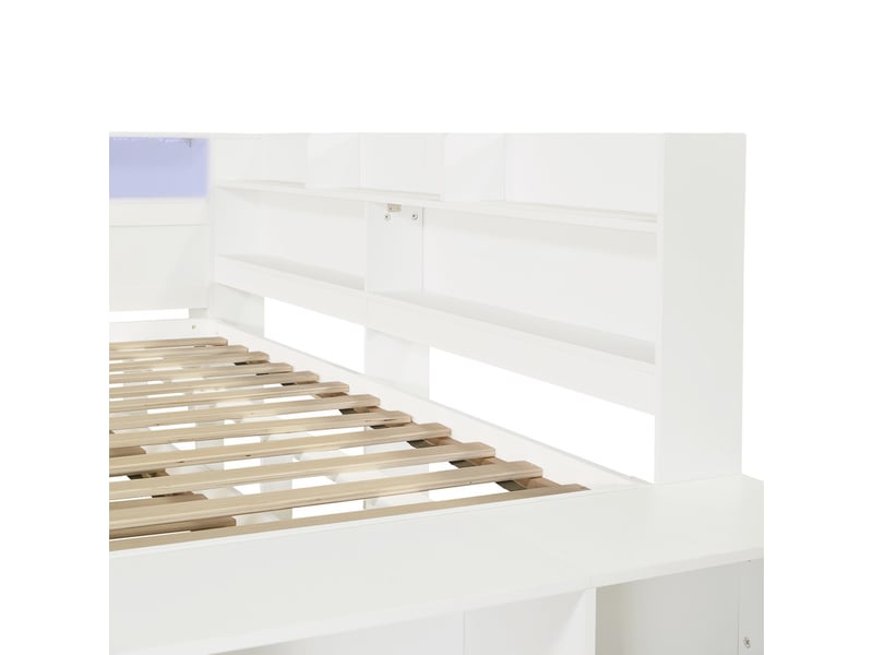  Lit en bois 120x200 cm, lit fonctionnel, lit gigogne 90x190 cm, rangement semi-périphérique, led, usb, banquette, blanc  - Conforama E