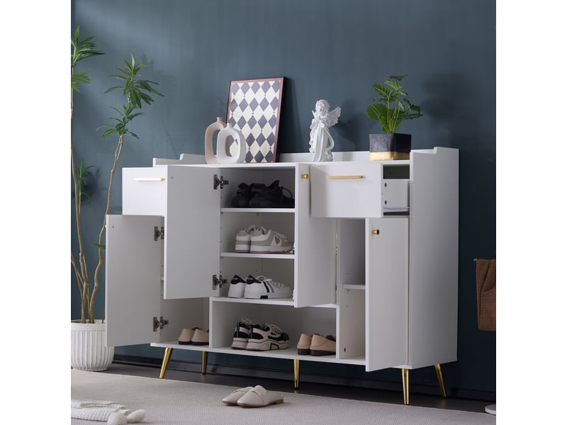 Meuble à chaussures 4 portes, 2 tiroirs et niche ouverte pour entrée 130×37×100 cm blanc - Conforama C
