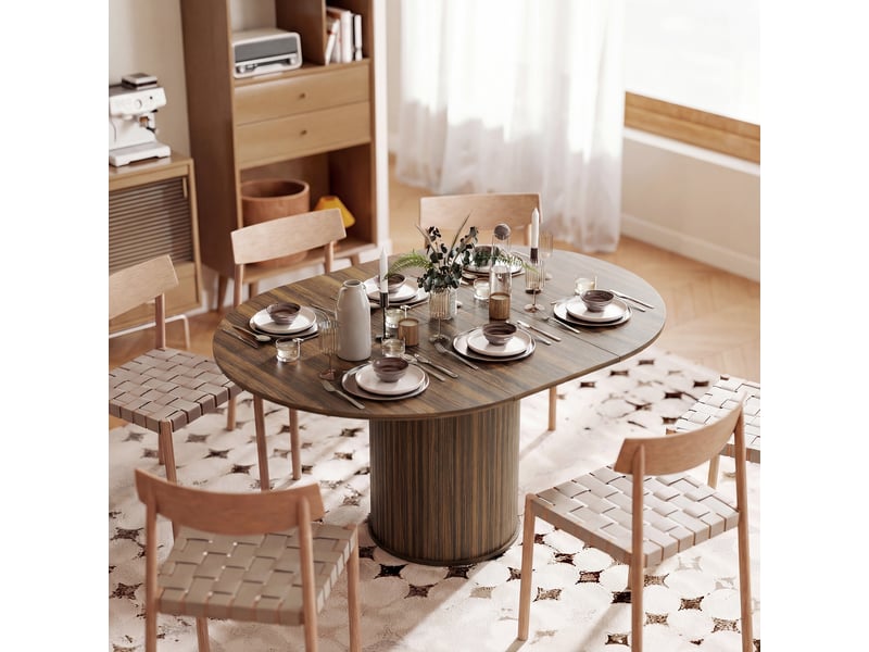  Table à manger extensible pour 6 à 8 personnes, 110-150 cm, table de cuisine ovale avec piètement central rond, noyer  - Conforama D