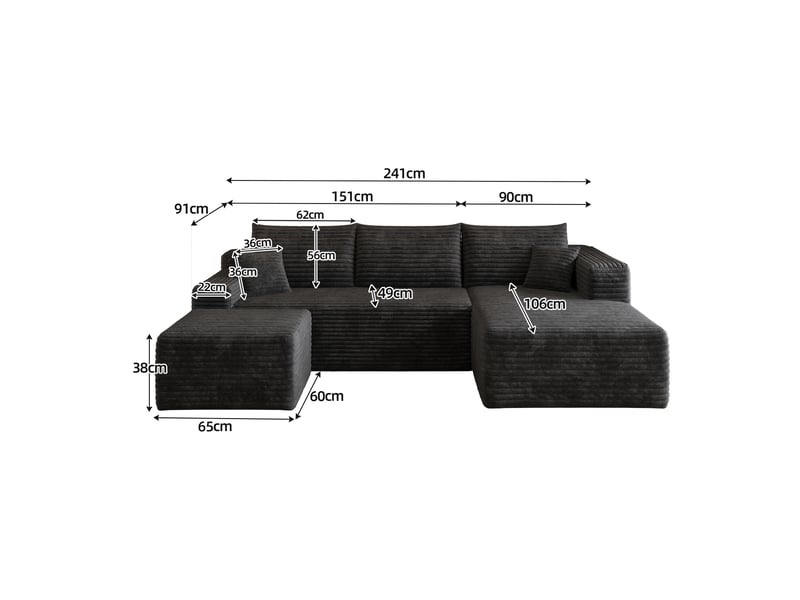  Canapé d’angle noir 4 places en tissu côtelé, 241 cm, assise profonde avec méridienne, mousse haute élasticité, sans montage  - Conforama E