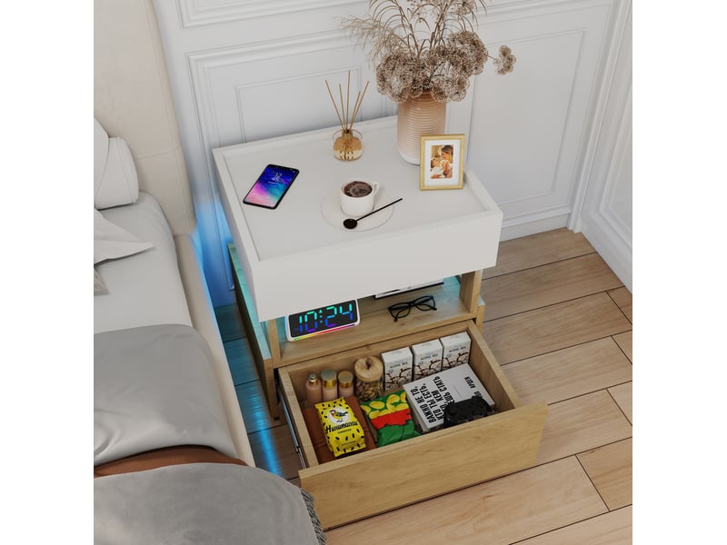  Table de chevet 50x40x50 cm blanc et bois naturel, 2 tiroirs, led et charge sans fil  - Conforama D