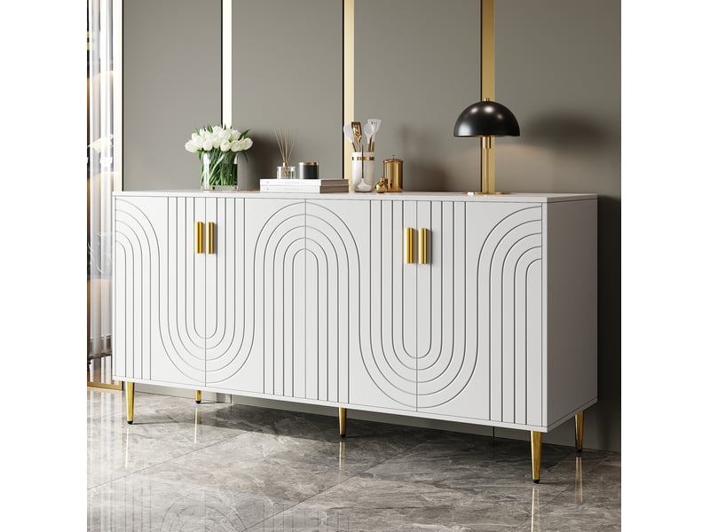  Buffet bas modenvie 152 x 40 x 75 cm blanc avec portes à motif ondulé, poignées et pieds dorés, 4 portes et 2 tiroirs  - Conforama D