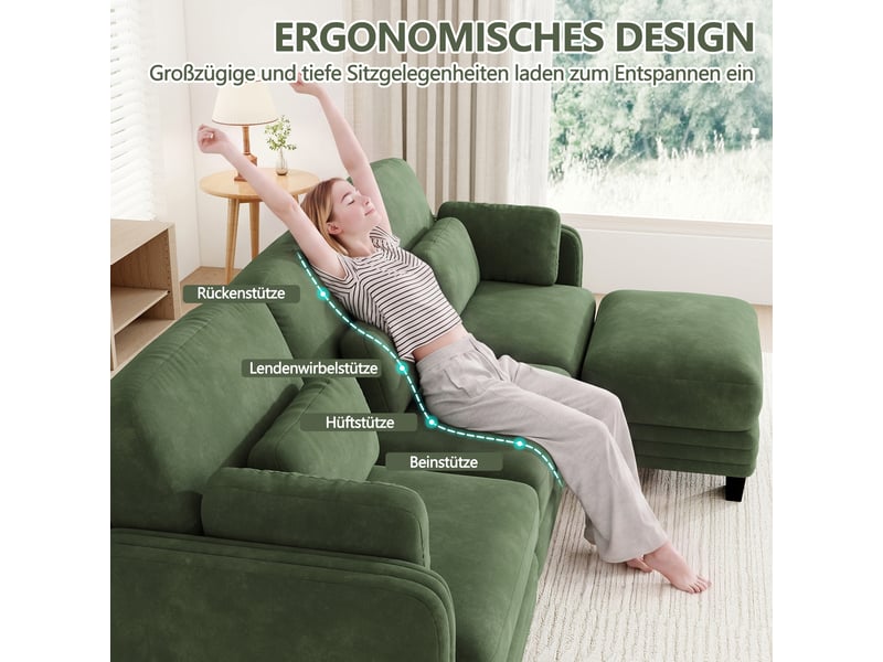 Canapé panoramique modulable en u 4 places avec 2 poufs, assise large et profonde, tissu chenille vert, cadre bois massif, 330 x 143 x 88 cm - Conforama E