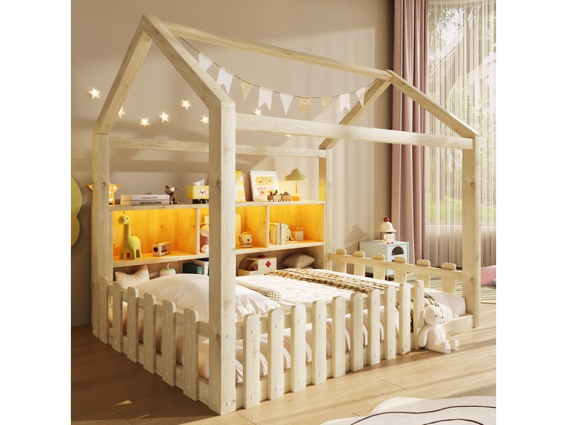  Lit cabane enfant 90x190cm - éclairage led, barreaux de sécurité, rangements ouverts tête de lit - style minimaliste - pin - naturel  - Conforama D