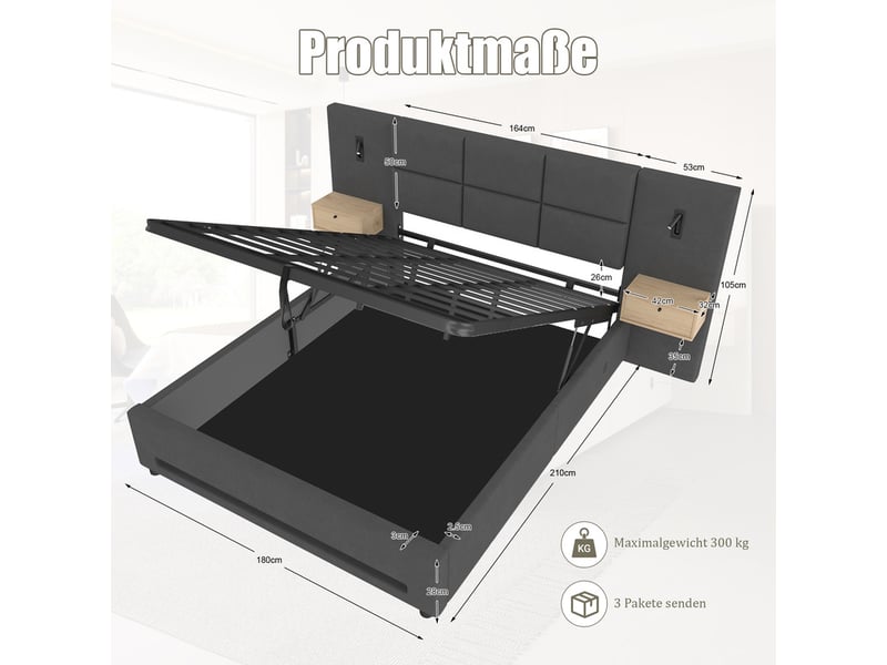  Lit rembourré 160x200, avec tête velours, tiroirs, led, usb-c, coffre hydraulique, structure métallique, gris  - Conforama C