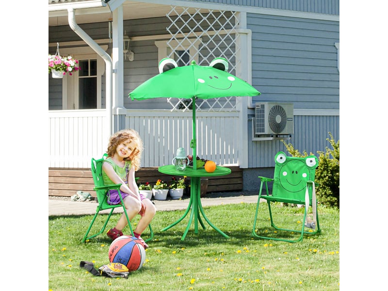  Ensemble table et chaises de jardin pour enfants, set de pique-nique pliable, avec parasol réglable en hauteur (100-125 cm), motif grenouille verte  - Conforama B